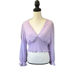 SALE Milk & Honey Lavender Swiss Dot Long Sleeve Top Shirred Cropped Boho XL